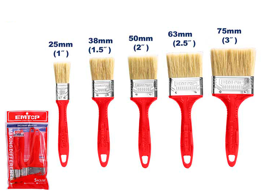 KIT 5 PINCEAUX - EMTOP (1x1" - 1x1.5" - 1x2" - 1x2.5" - 1x3" - MANCHE PLASTIQUE)