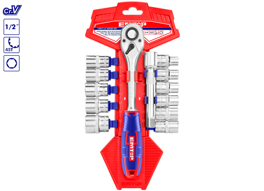 KIT 13 PIÈCES 1/2" Cr-V EMTOP (DOUILLES 10-24 ET EXTENSION INCLUS)