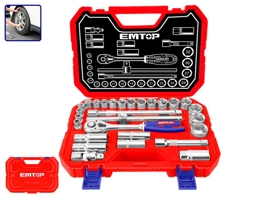 MALETIN 28 PIEZAS 1/2" Cr-V EMTOP (INCLUYE VASOS 10-32, CARRACA Y EXTENSIONES)